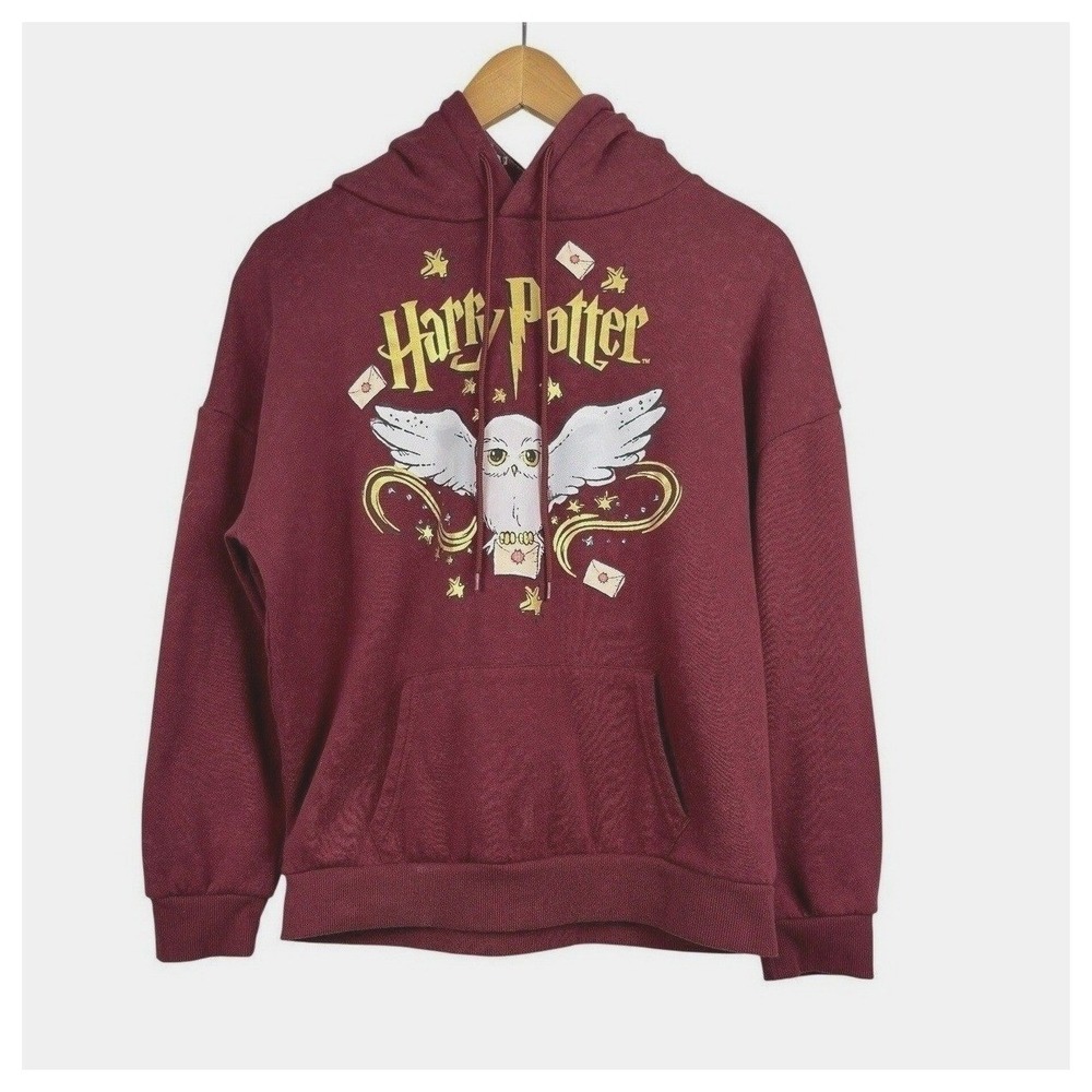 Harry Potter Hedwig Graphic Hoodie Burgundy Owl Pullover Sweatshirt Size S